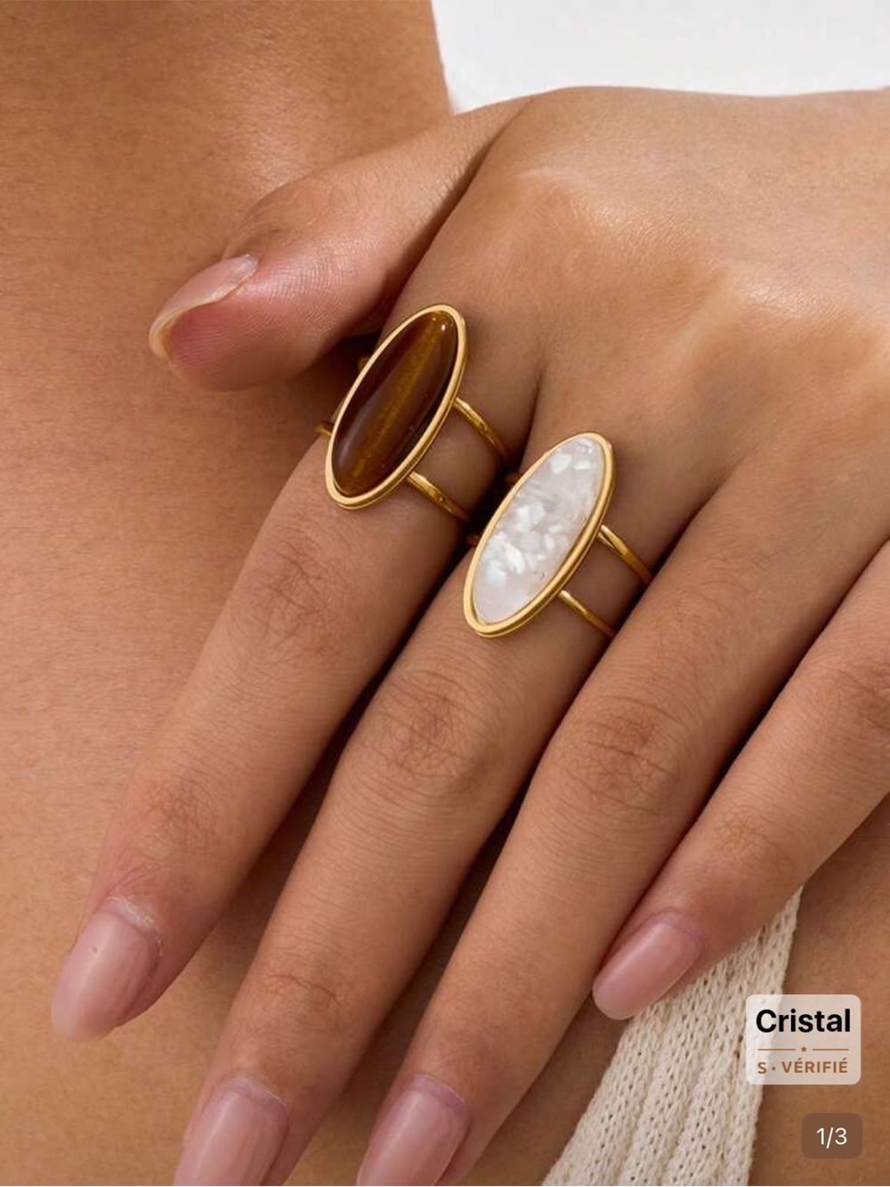 2-Gold Oval Stone Double-Band Ring - Brown and White